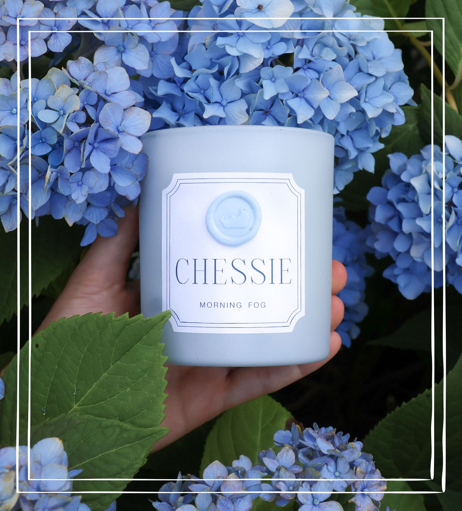 A hand holds a frosted glass jar candle labeled 'CHESSIE MORNING FOG' against a background of blue hydrangea flowers and green leaves.